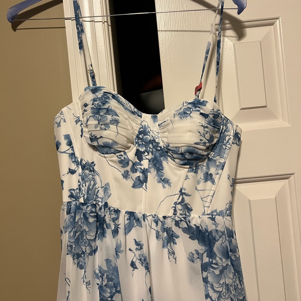 LIGHT BLUE BUSTIER-STYLE CHIFFON TIERED RUFFLE MAXI - Picture 8 of 8